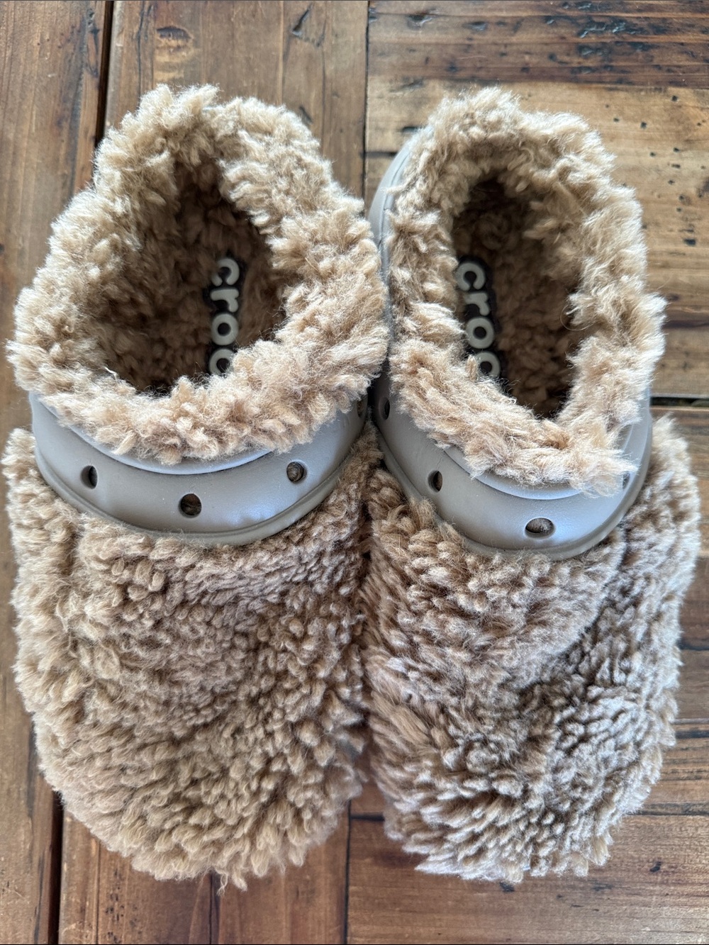 CROCS Fuzzy Sherpa Lined Slip-On Clogs in Beige